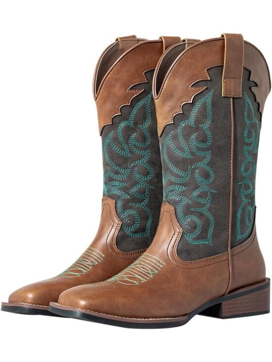 Shoes - Women's Brown Western Boots Square Toe Mid Wide Calf Cowgirl Boots Chunky Heel